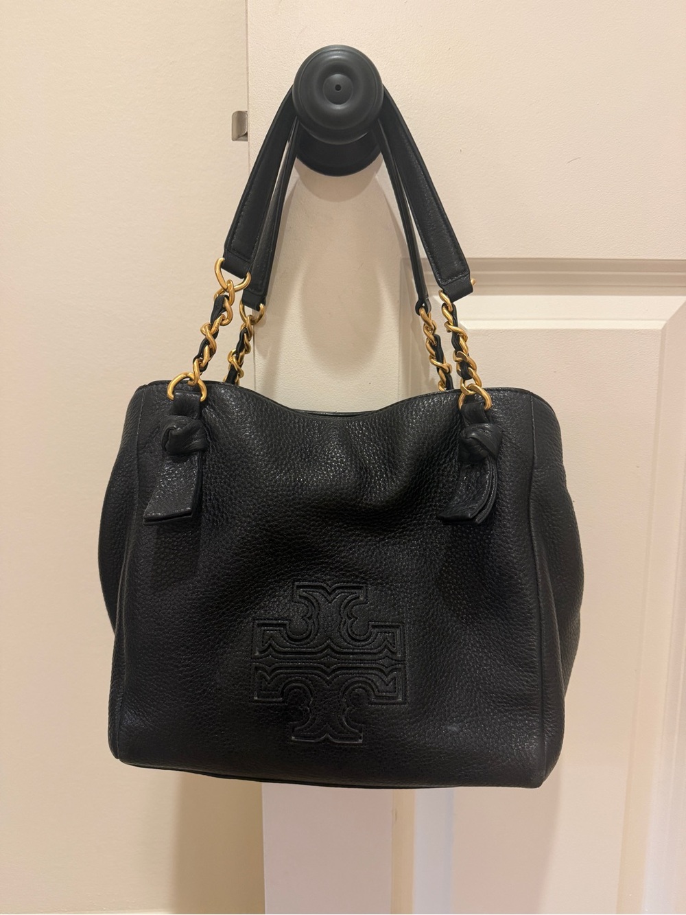 Tory Burch Black Pebbled Leather Shoulder Bag with Gold Chain Straps